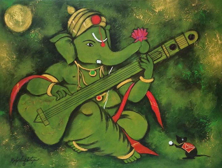 Religious acrylic painting titled 'Veena Ganapati', 34x45 inches, by artist Bala Bhakta Raju on Canvas