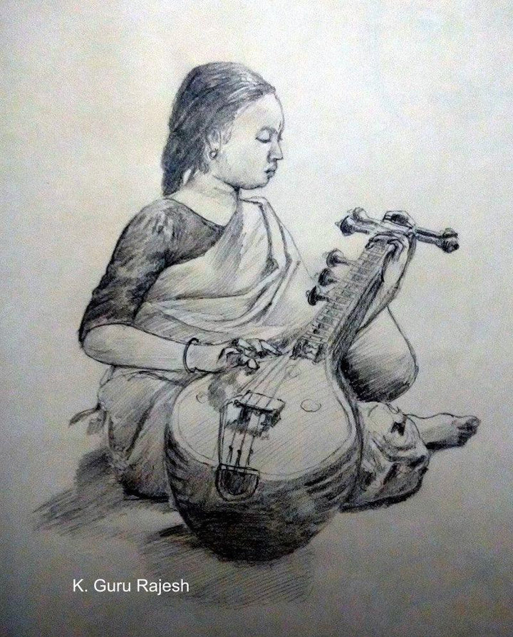 Music pencil drawing titled 'Veena Sadhana', 10x8 inches, by artist Guru Rajesh on Paper