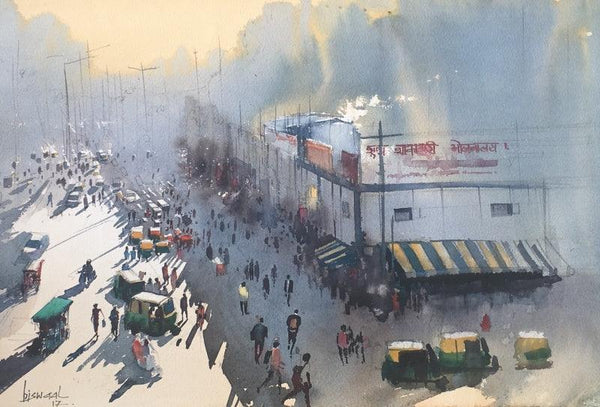 Cityscape watercolor painting titled 'Veg Restaurant At Paharganj Side', 14x20 inches, by artist Bijay Biswaal on Paper