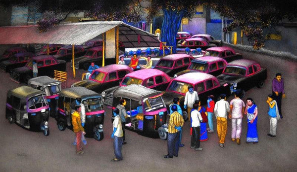 Transportation mixed media painting titled 'Vehicles Stand Point 2', 31x39 inches, by artist Kalipada Purkait on Canvas