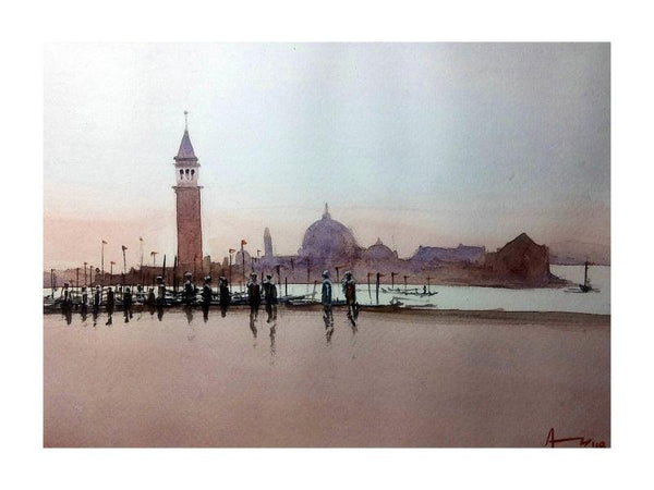 Cityscape watercolor painting titled 'Venice 3', 7x11 inches, by artist Arunava Ray on Paper