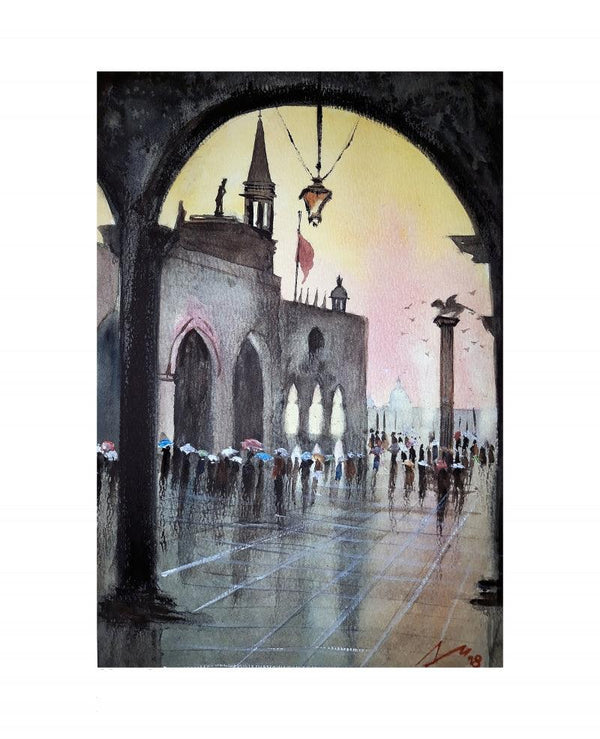 Cityscape watercolor painting titled 'Venice', 11x7 inches, by artist Arunava Ray on Paper