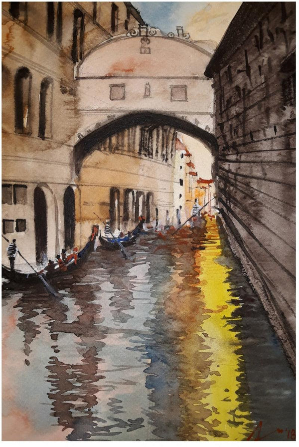 Cityscape watercolor painting titled 'Venice Canal Italy', 11x7 inches, by artist Arunava Ray on Paper