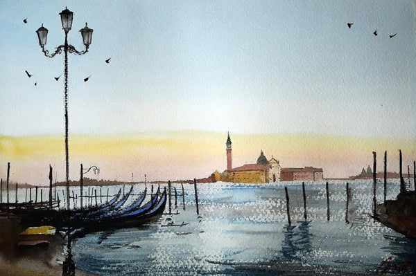 Cityscape watercolor painting titled 'Venice Italy', 8x11 inches, by artist Arunava Ray on Paper