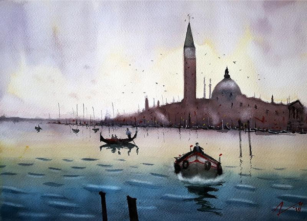 Cityscape watercolor painting titled 'Venice Itatly', 12x16 inches, by artist Arunava Ray on Paper