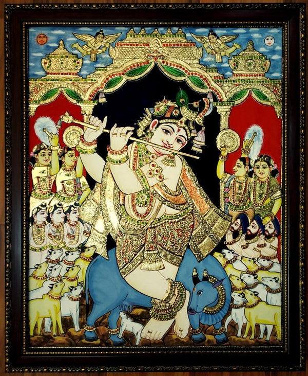 Religious tanjore traditional art titled 'Venugopal Flute Krishna With Cows Tanjor', 30x24 inches, by artist VANI VIJAY on Plywood