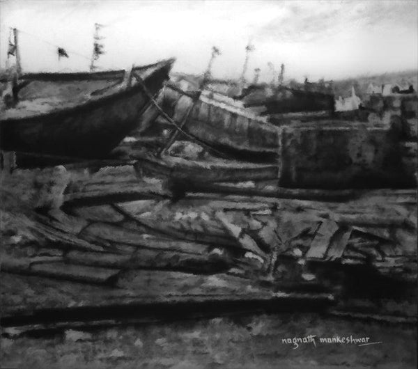 Seascape charcoal painting titled 'Versova', 40x36 inches, by artist Nagnath Mankeshwar on Canvas