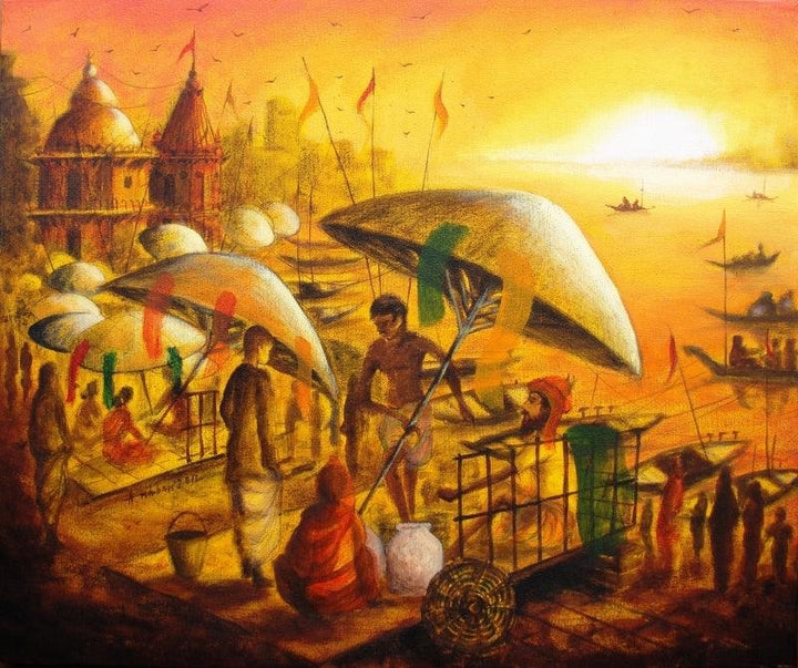 Cityscape acrylic painting titled 'Vibrant Ghats Of Varanasi 9', 20x24 inches, by artist Anirban Seth on Canvas