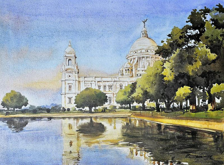 Cityscape acrylic painting titled 'Victor Memorial Kolkata', 18x24 inches, by artist Ranabir Saha on Canvas