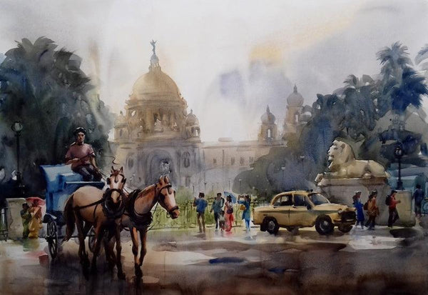 Cityscape watercolor painting titled 'Victoria Memorial 1', 30x40 inches, by artist Sankar Das on paper