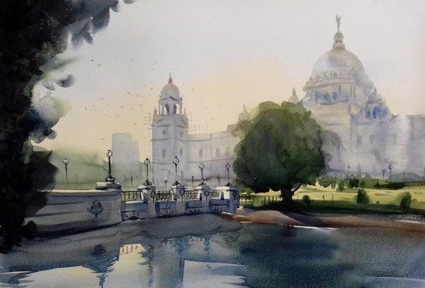 Cityscape watercolor painting titled 'Victoria Memorial 2', 15x22 inches, by artist Sankar Das on paper