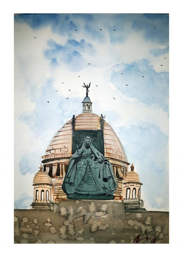 Cityscape watercolor painting titled 'Victoria Memorial Hall Kolkata', 7x11 inches, by artist Arunava Ray on Paper