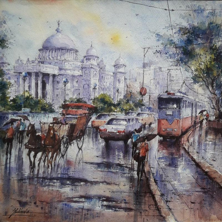 Cityscape watercolor painting titled 'Victoria memorial in kolkata', 15x15 inches, by artist SHUBHASHIS MANDAL on Handmade paper