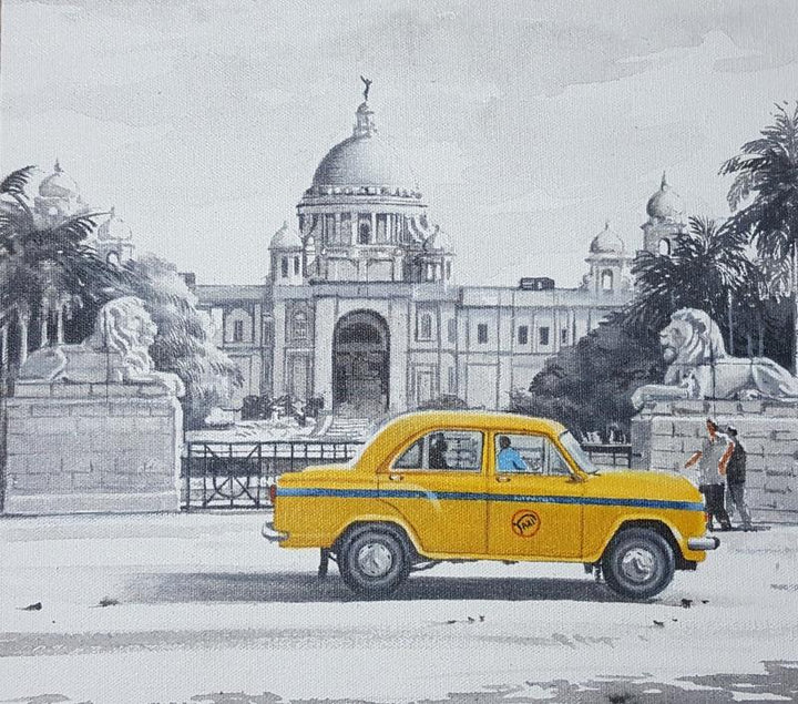 Cityscape acrylic painting titled 'Victoria memorial of Kolkata', 20x24 inches, by artist Amlan Dutta on Canvas