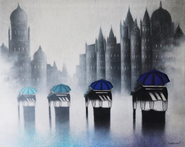 Cityscape acrylic charcoal painting titled 'Victoria Ride', 48x60 inches, by artist Somnath Bothe on Canvas