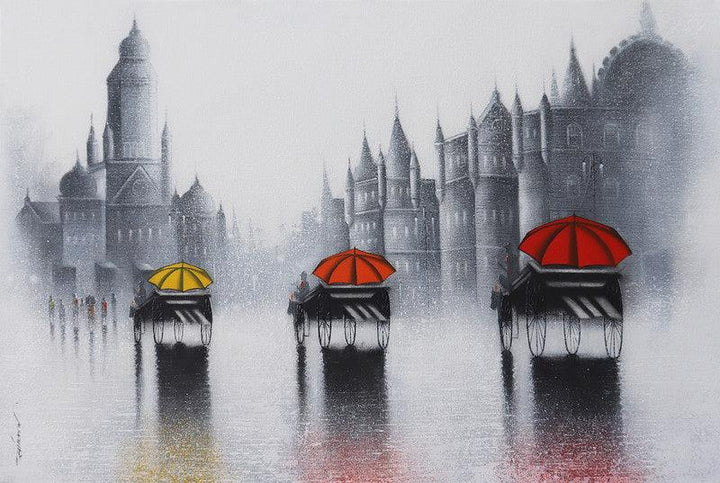 Cityscape acrylic charcoal painting titled 'Victoria Ride In Mumbai', 24x36 inches, by artist Somnath Bothe on Canvas