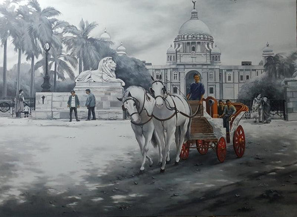 Cityscape acrylic painting titled 'Victoria Terminus (Calcutta)', 20x24 inches, by artist Amlan Dutta Amlan Dutta on Canvas