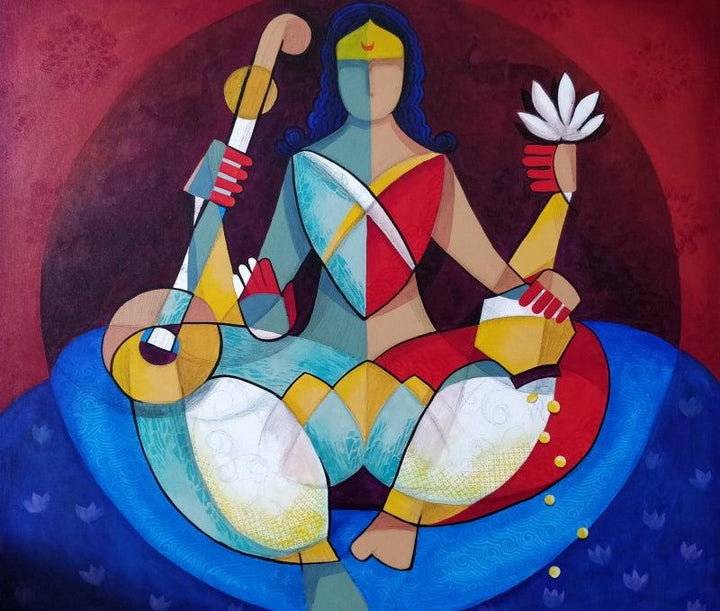 Religious mixed media painting titled 'Vidya Lakshmi', 42x48 inches, by artist Satyendra Rane on Canvas