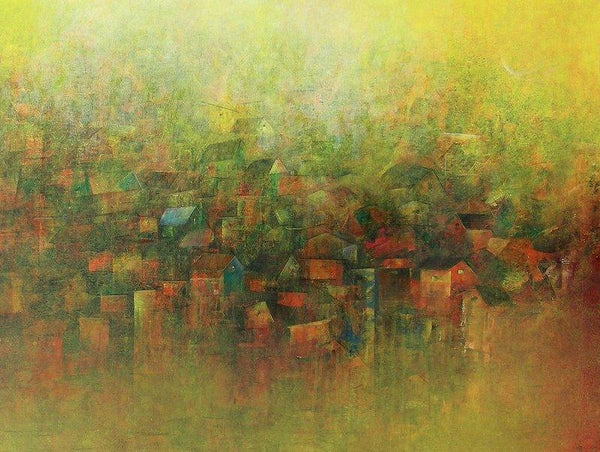 Abstract acrylic painting titled 'View Of A Village', 36x48 inches, by artist M Singh on Canvas