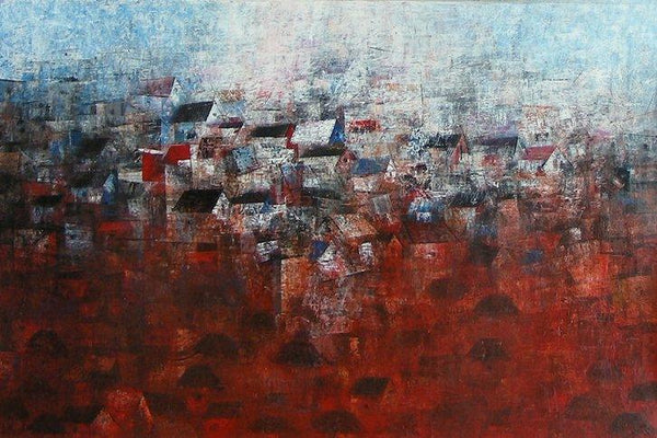 Abstract acrylic painting titled 'View Of Shanties Up A Hill', 24x36 inches, by artist M Singh on Canvas