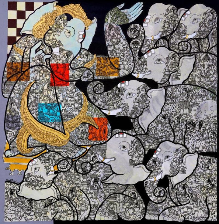 Religious mixed media painting titled 'Vighnaharta', 50x48 inches, by artist Ramesh Gorjala on Canvas