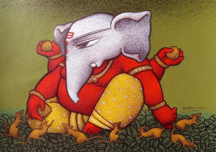 Religious mixed media painting titled 'Vighnaharta Ganesh', 8x12 inches, by artist Mohammed Suleman on Canson Paper