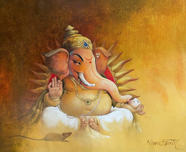 Religious oil painting titled 'Vighnaraja', 34x42 inch, by artist Namdev M Patil on Canvas