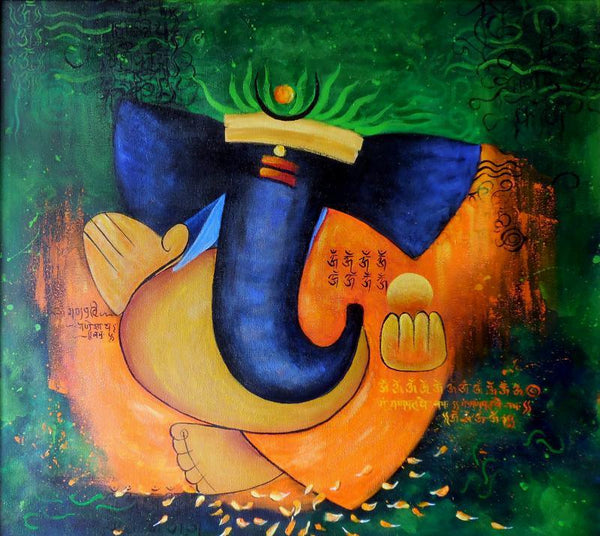 Religious acrylic painting titled 'Vignaharta', 28x26 inches, by artist Kaladikam Arts on Canvas