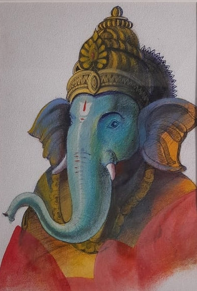 Religious acrylic painting titled 'Vikata', 16x12 inch, by artist Gopal Pardeshi on Handmade Paper