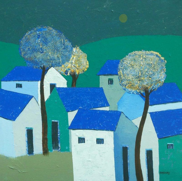 Landscape acrylic painting titled 'Village 1', 24x24 inches, by artist Nagesh Ghodke on Canvas