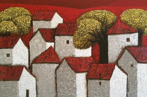 Cityscape acrylic painting titled 'Village 15', 24x36 inches, by artist Nagesh Ghodke on Canvas