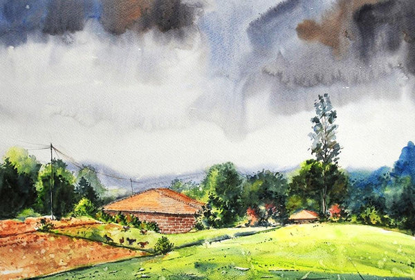 Landscape watercolor painting titled 'Village 2', 20x28 inches, by artist Ramdas Thorat on Paper