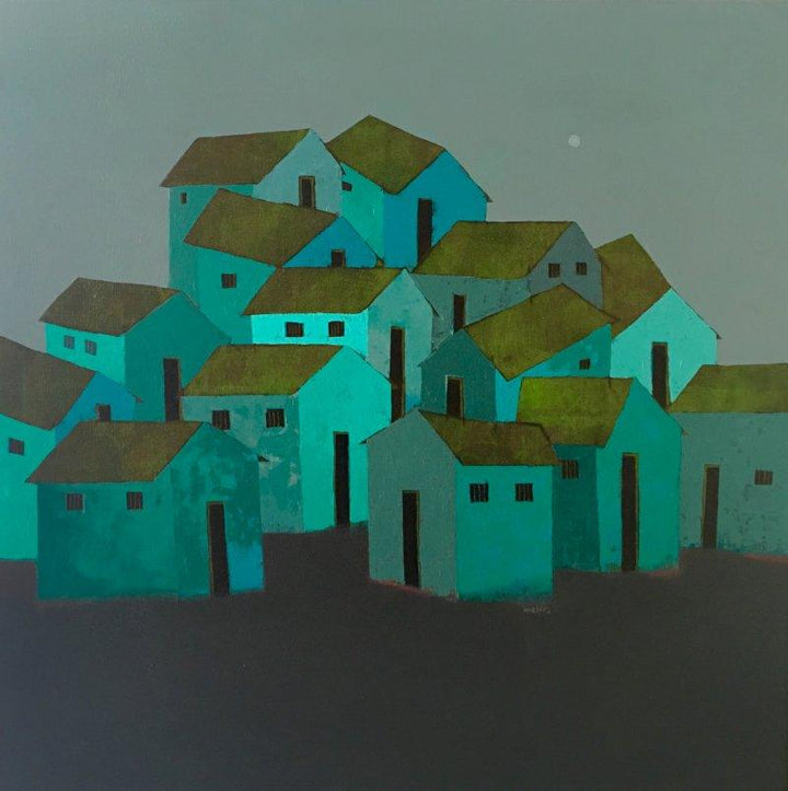 Landscape acrylic painting titled 'Village 3', 48x48 inches, by artist Nagesh Ghodke on Canvas