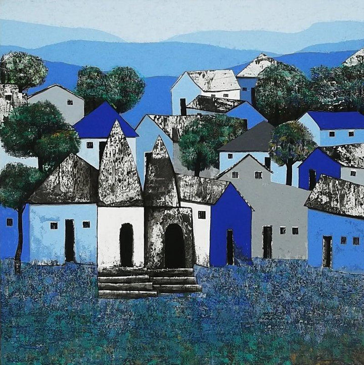 Landscape acrylic painting titled 'Village 4', 48x48 inches, by artist Nagesh Ghodke on Canvas