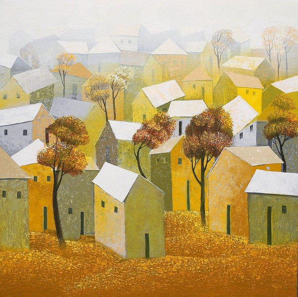 Landscape acrylic painting titled 'Village 5', 48x48 inches, by artist Nagesh Ghodke on Canvas