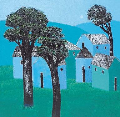 Cityscape acrylic painting titled 'Village 61', 46x46 inches, by artist Nagesh Ghodke on Canvas