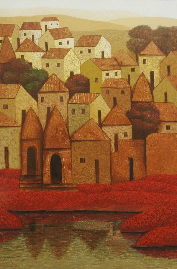 Cityscape acrylic painting titled 'Village 71', 72x48 inches, by artist Nagesh Ghodke on Canvas