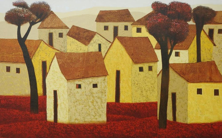 Cityscape acrylic painting titled 'Village 75', 30x48 inches, by artist Nagesh Ghodke on Canvas