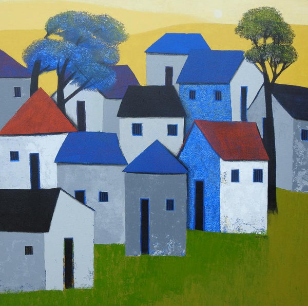 Cityscape acrylic painting titled 'Village 76', 36x36 inches, by artist Nagesh Ghodke on Canvas