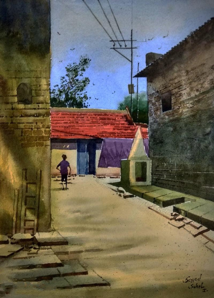 Nature watercolor painting titled 'Village 8', 16x12 inches, by artist Sohel Sayyad on Paper