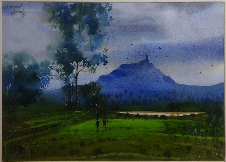 Nature watercolor painting titled 'Village 9', 12x16 inches, by artist Sohel Sayyad on Paper