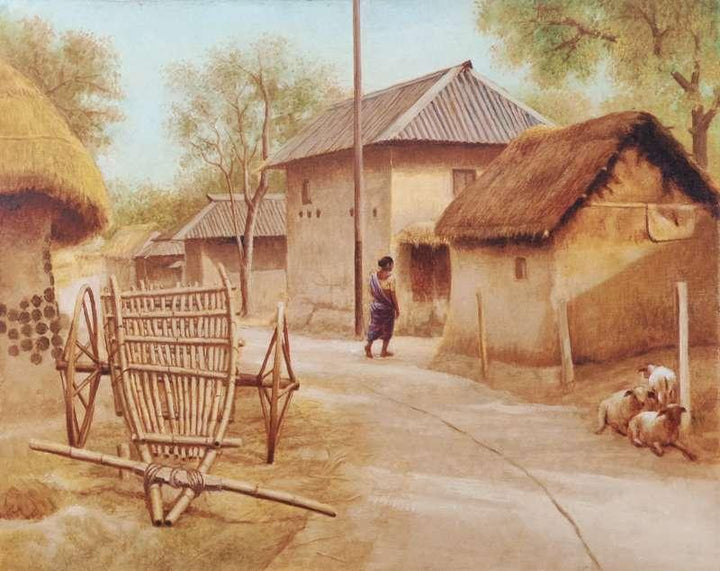 Scenic oil painting titled 'Village Afternoon', 30x24 inches, by artist Arabinda Mukherjee on Canvas