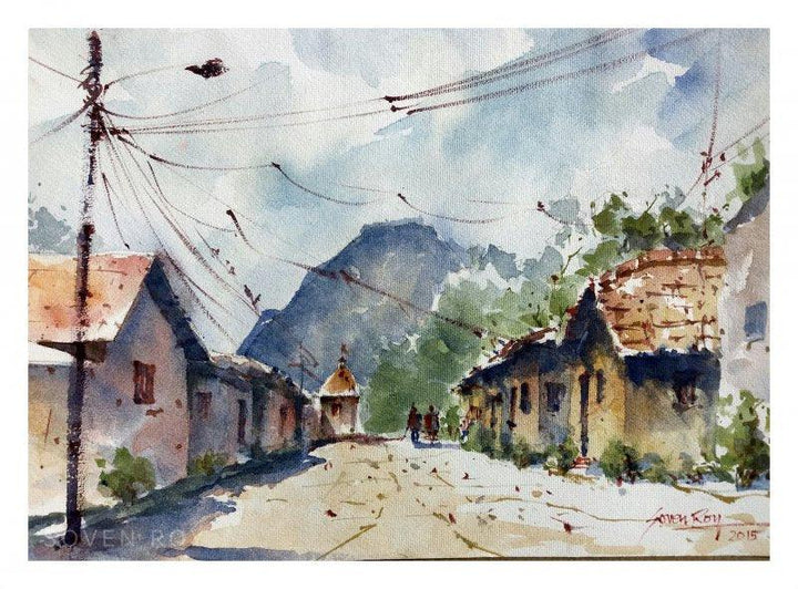 Landscape watercolor painting titled 'Village At Wai', 14x10 inches, by artist Soven Roy on Paper