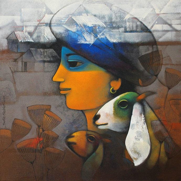 Figurative acrylic painting titled 'Village Boy', 24x24 inches, by artist Sachin Akalekar on Canvas