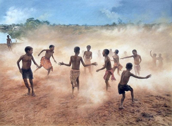 Figurative oil painting titled 'Village Boys Playing', 38x52 inches, by artist Shyam Verma on Canvas