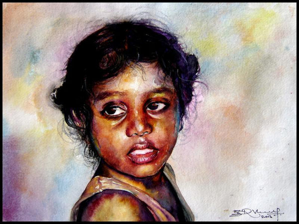 Figurative watercolor painting titled 'Village Children 3', 15x11 inches, by artist SRV ARTIST on Handmade Paper