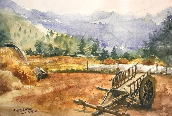 Landscape watercolor painting titled 'Village Countryside Cart', 14x20 inches, by artist KS Farvez on Paper