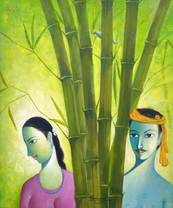 Figurative acrylic painting titled 'Village Couple', 24x20 inches, by artist Shivkumar on Canvas