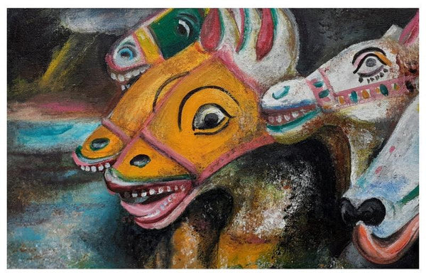 contemporary acrylic painting titled 'Village Deities', 16x12 inches, by artist RAJARAM S on Cardboard