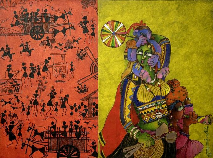 Figurative acrylic painting titled 'Village Fair', 34x46 inches, by artist Sunita Dinda on Canvas